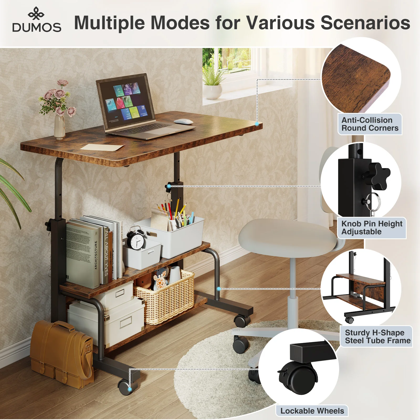 JHK 31.5IN Adjustable Height Mobile Standing Computer Desk with Locking Wheels Metal Frame Portable Workstation for Walking Pad - Image 5