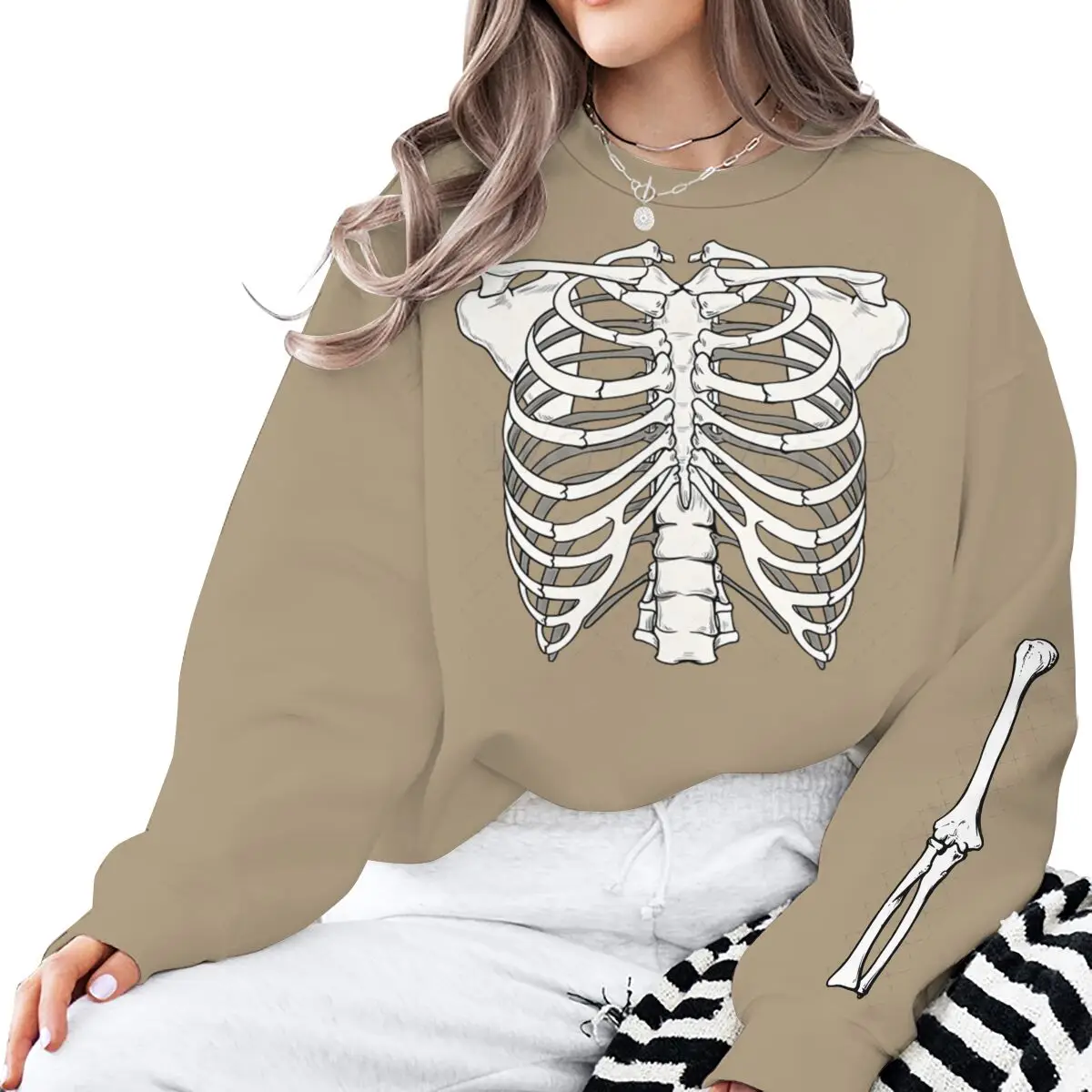 Halloween Skeleton Rib Print Sweatshirt Women Men Vintage Skull Crew Neck Long Sleeve Pullover Classic Halloween Sweatshirts - Image 2