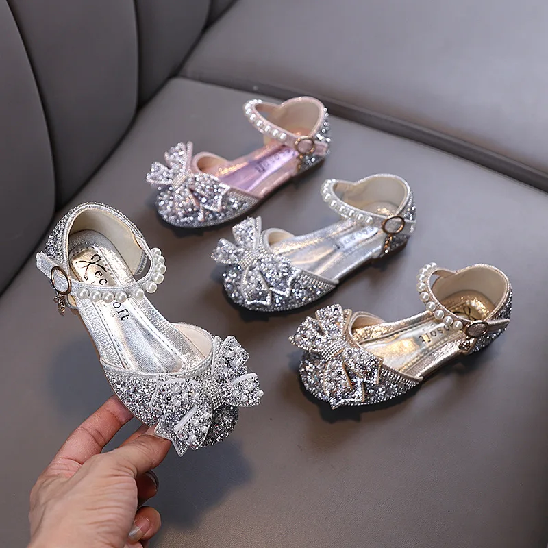2026 Summer Girls Sandals Fashion Sequins Rhinestone Bow Girls Princess Shoes Baby Girl Shoes Flat Heel Sandals Size 21-35