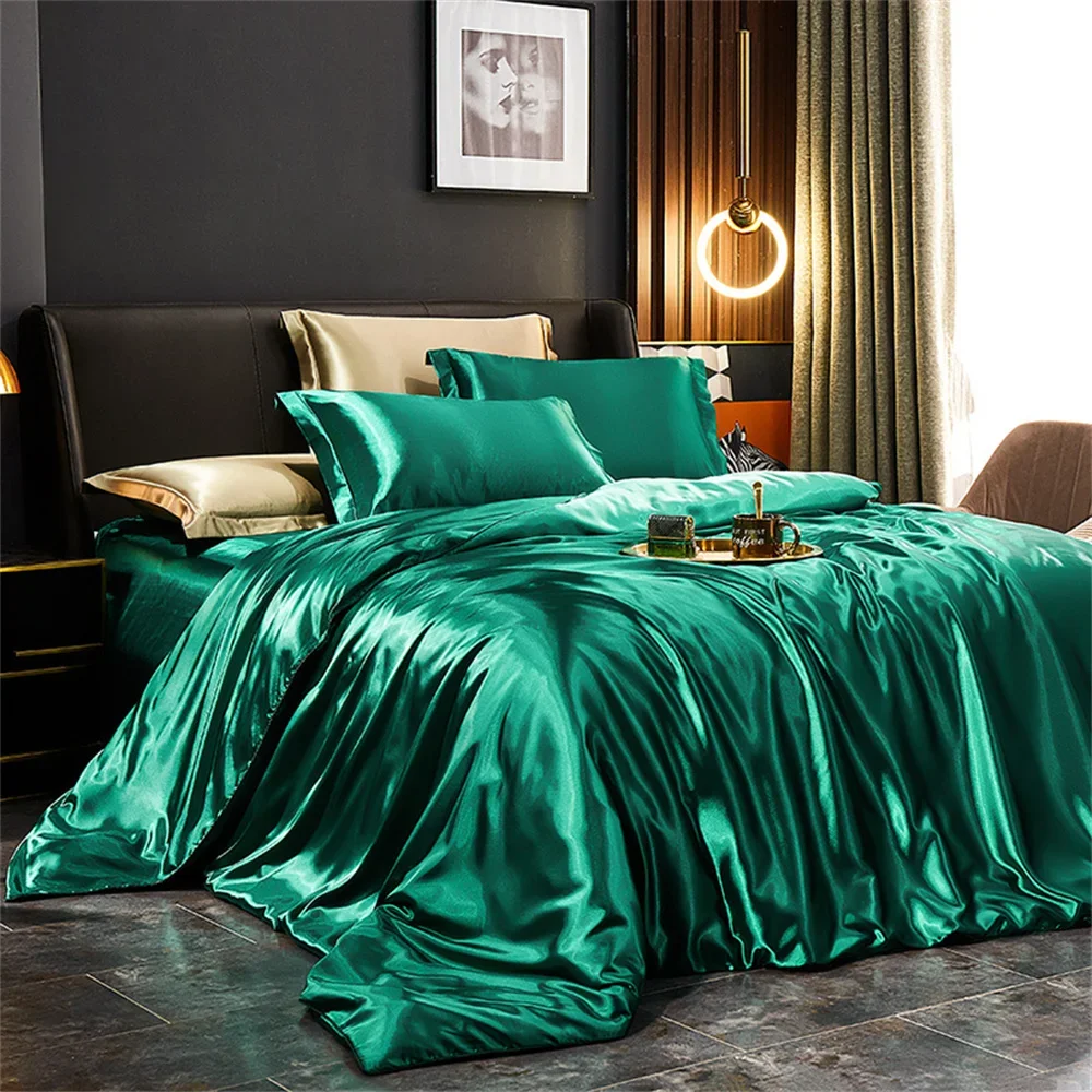 Solid Silk Bedding Set with Duvet Cover Bed Sheet Pillowcases Luxury Satin Single Double Bedsheet King Queen Twin Size - Image 4