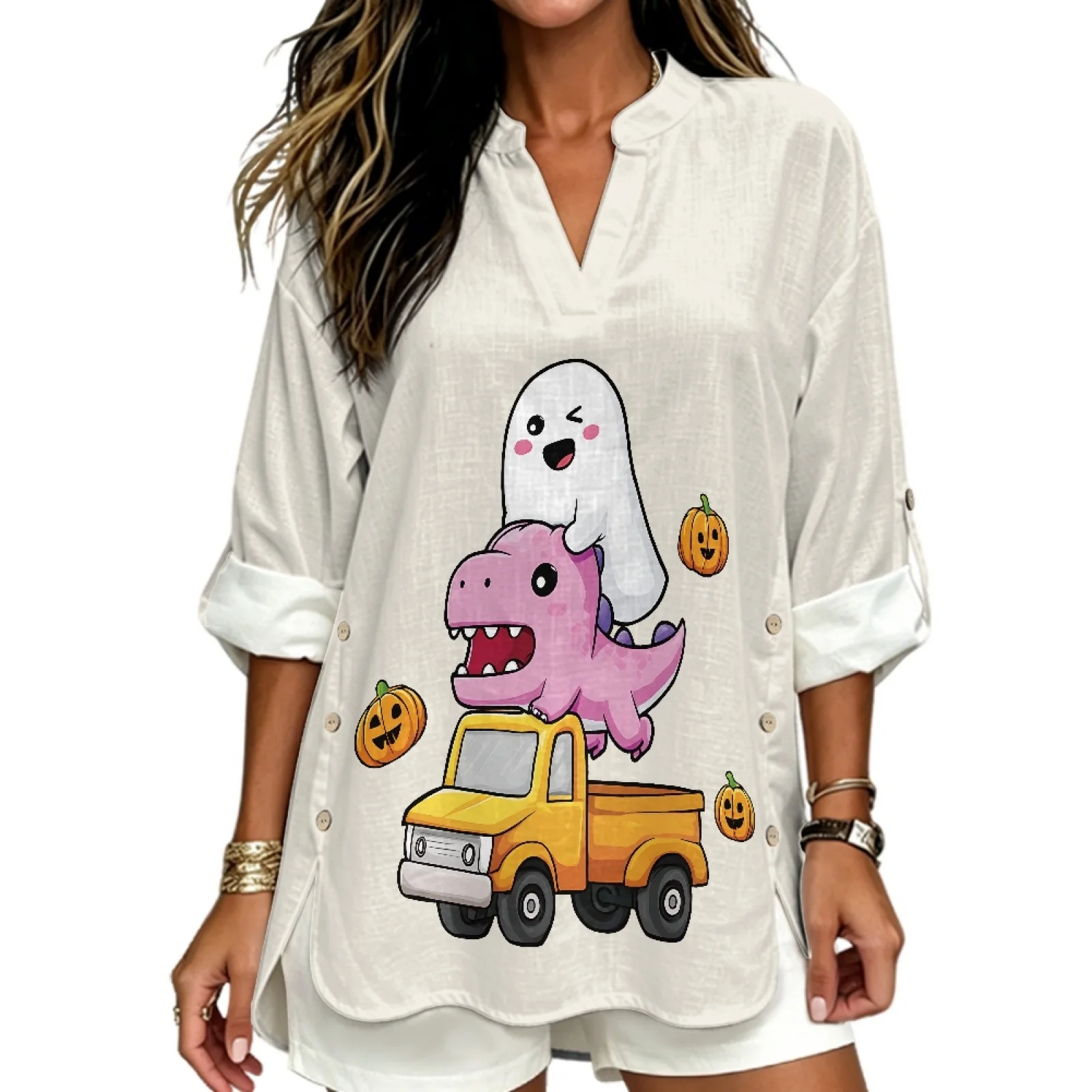 INSTANTARTS Women's Linen V-Neck Shirt Short Woman plus size clothing Sleeve T-shirts Women Poleras Blusas Autumn Solid Color