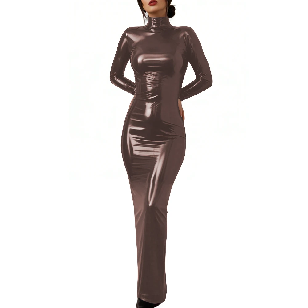 Plus Size Vintage Movie Glossy PVC Dress Gothic Lock Back Cosplay Old Hollywood Bodycon High Neck Costume Gown Sexy Party Dress - Image 4