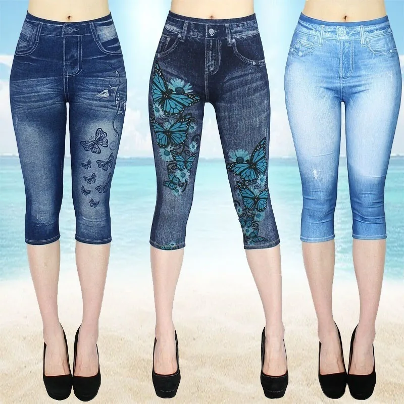 Women Print Imitation Denim Leggings Skinny Stretchy Cropped Pants Outdoor Jogging Walking Fashion High Waist Leggings - Image 2