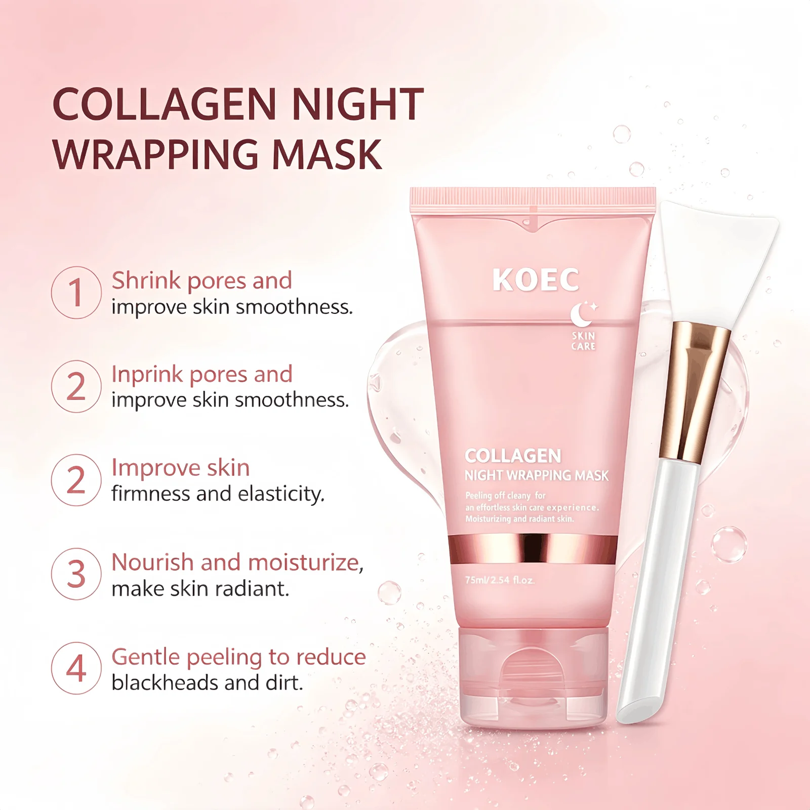 Collagen Peel Off Night Wrapping Mask, KOEC Hydrating Overnight Sleeping Facial Mask with Applicator Brush, Deep Collagen Moisturizer, Revives Dull Skin, Clean Peeling Skincare Mask for Smooth Radiant Complexion - Image 6