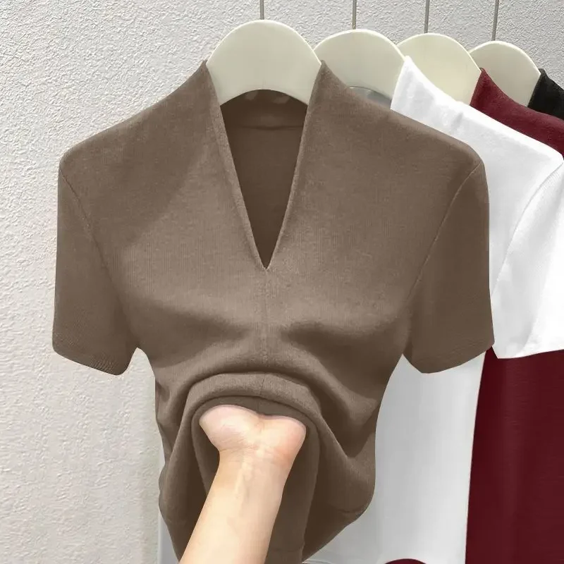 Women Threaded New Summer Short Sleeved Top for Fashion Versatile Base Shirt Plus Size Slim Fit V-neck Casual and Sexy T-shirt - Image 2