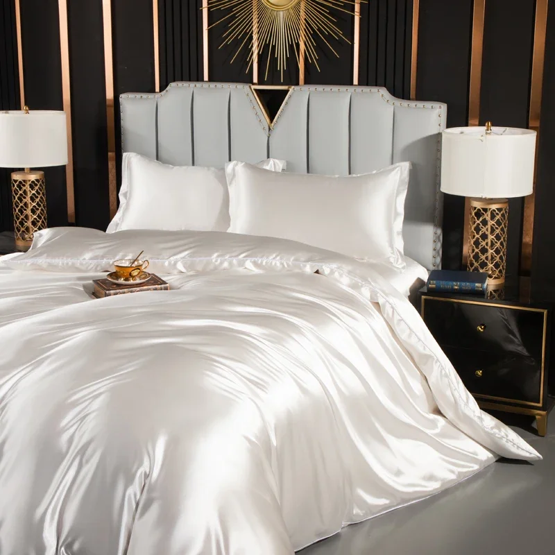 Solid Silk Bedding Set with Duvet Cover Fitted/Flat Bed Sheet Pillowcase Luxury Couple Bedsheet King Queen Double Twin Size - Image 4