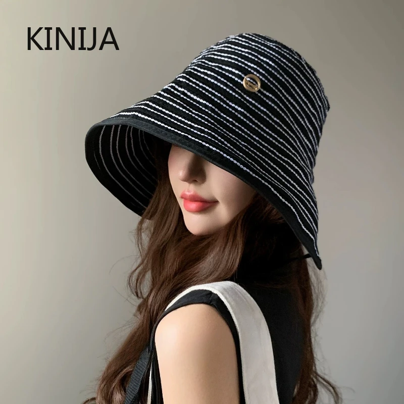 Fashion Ribbon Women Striped Fisherman Hat Wide Brim Foldable Summer Sun Hat Sun Protection Sunshade Hat Ladies Visor Cap Hiking - Image 3