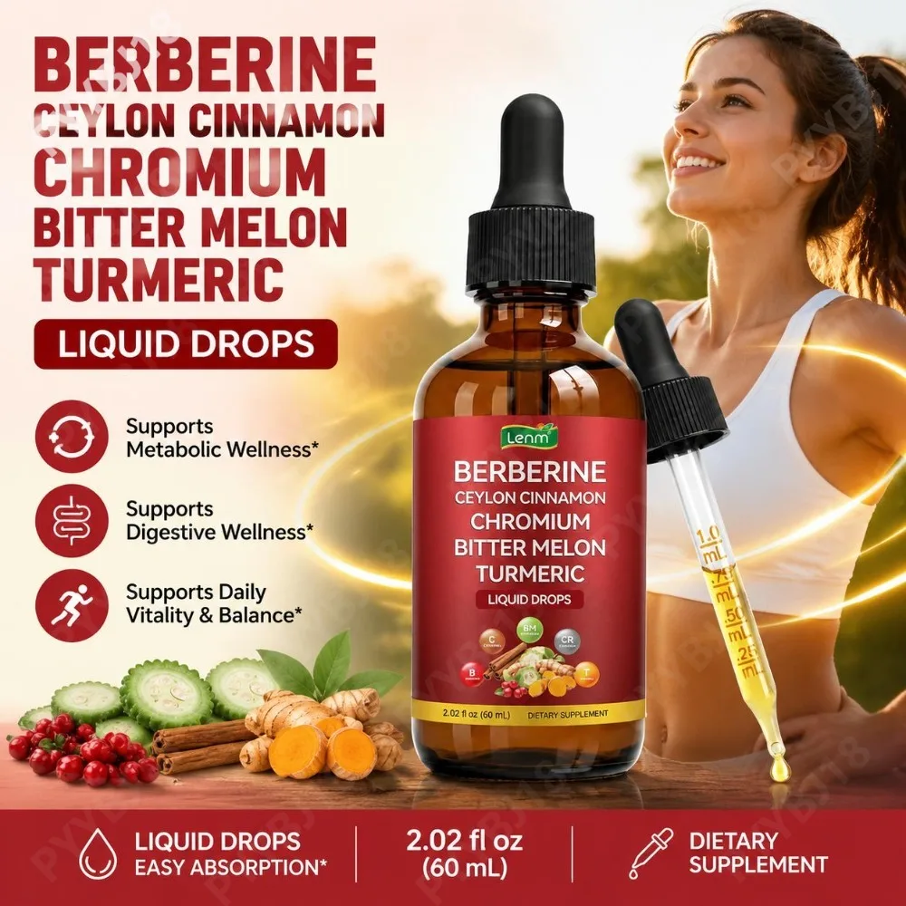 Berberine Liquid Drops with Chromium, Ceylon Cinnamon, Bitter Melon, Turmeric & Botanical Blend, Daily Wellness Support, 60 mL