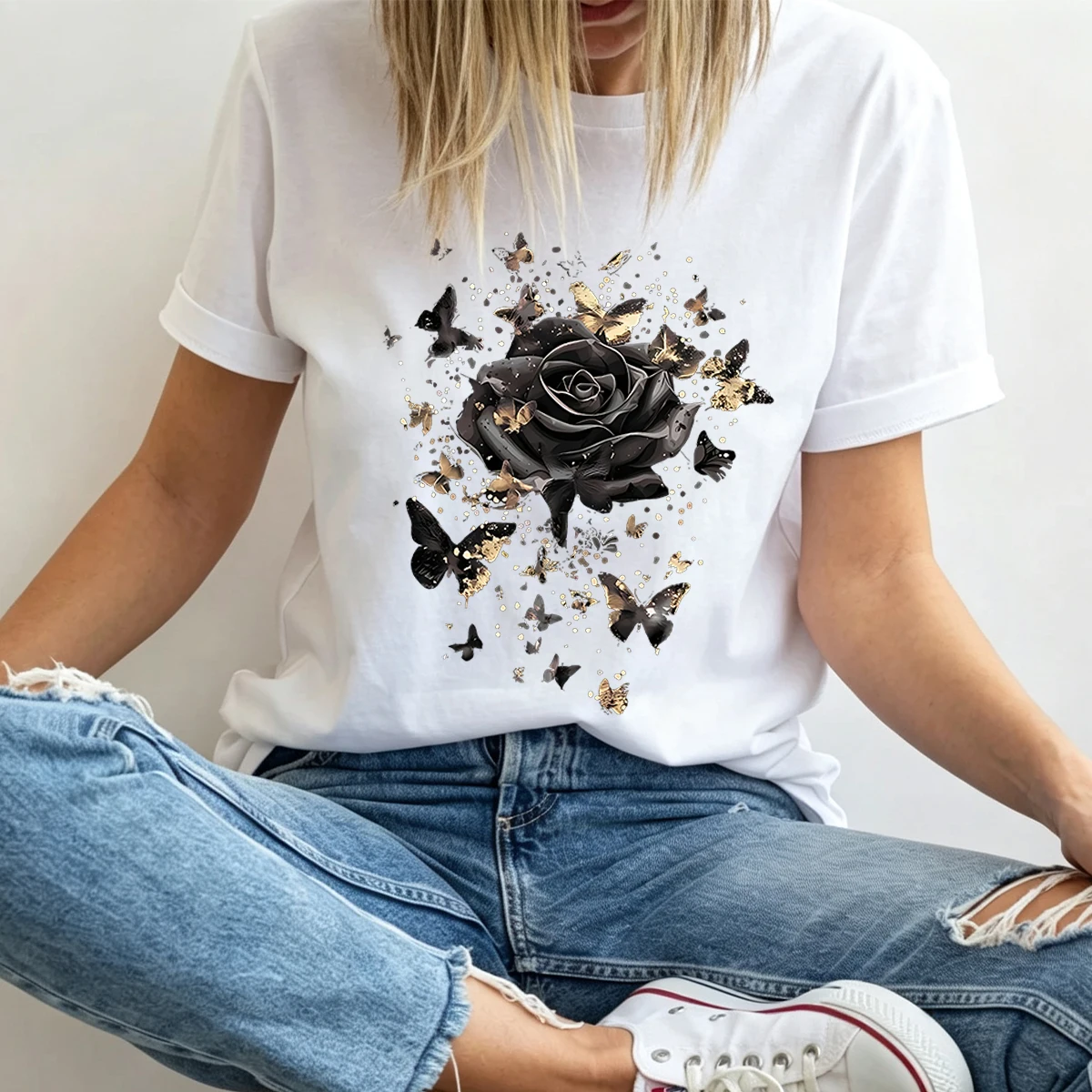 Women's Plus-Size Black T-Shirt with Rose Gold Glitter Butterfly Design — 100% cotton, oversized fit, crew neck, short sleeves; perfect for fans of gothic floral aesthetics and ideal for casual street style.