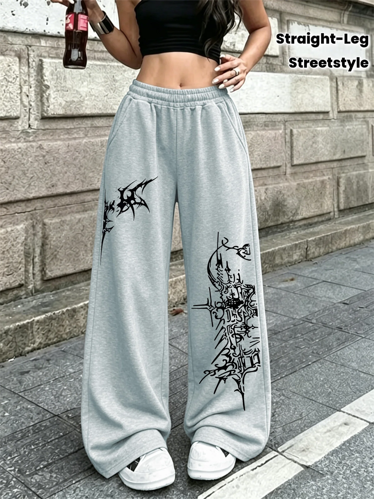 New Women's Plus Size Gothic-style Print Pants Fleece Elastic Waist Straight Leg Sweatpants Fashionable and Versatile