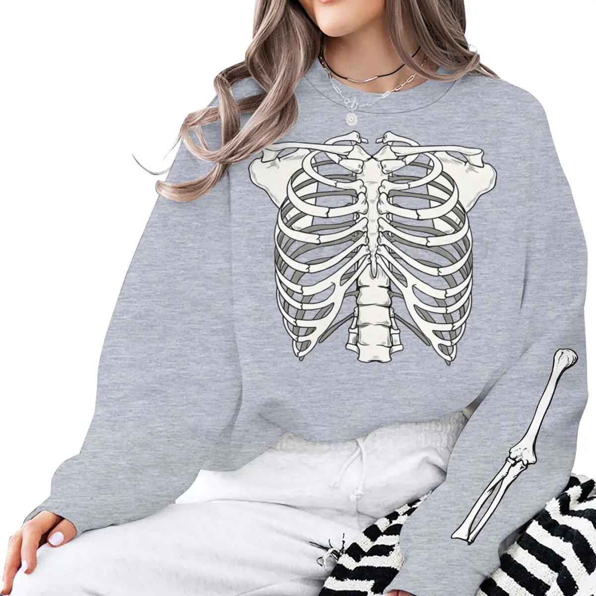 Halloween Skeleton Rib Print Sweatshirt Women Men Vintage Skull Crew Neck Long Sleeve Pullover Classic Halloween Sweatshirts - Image 4