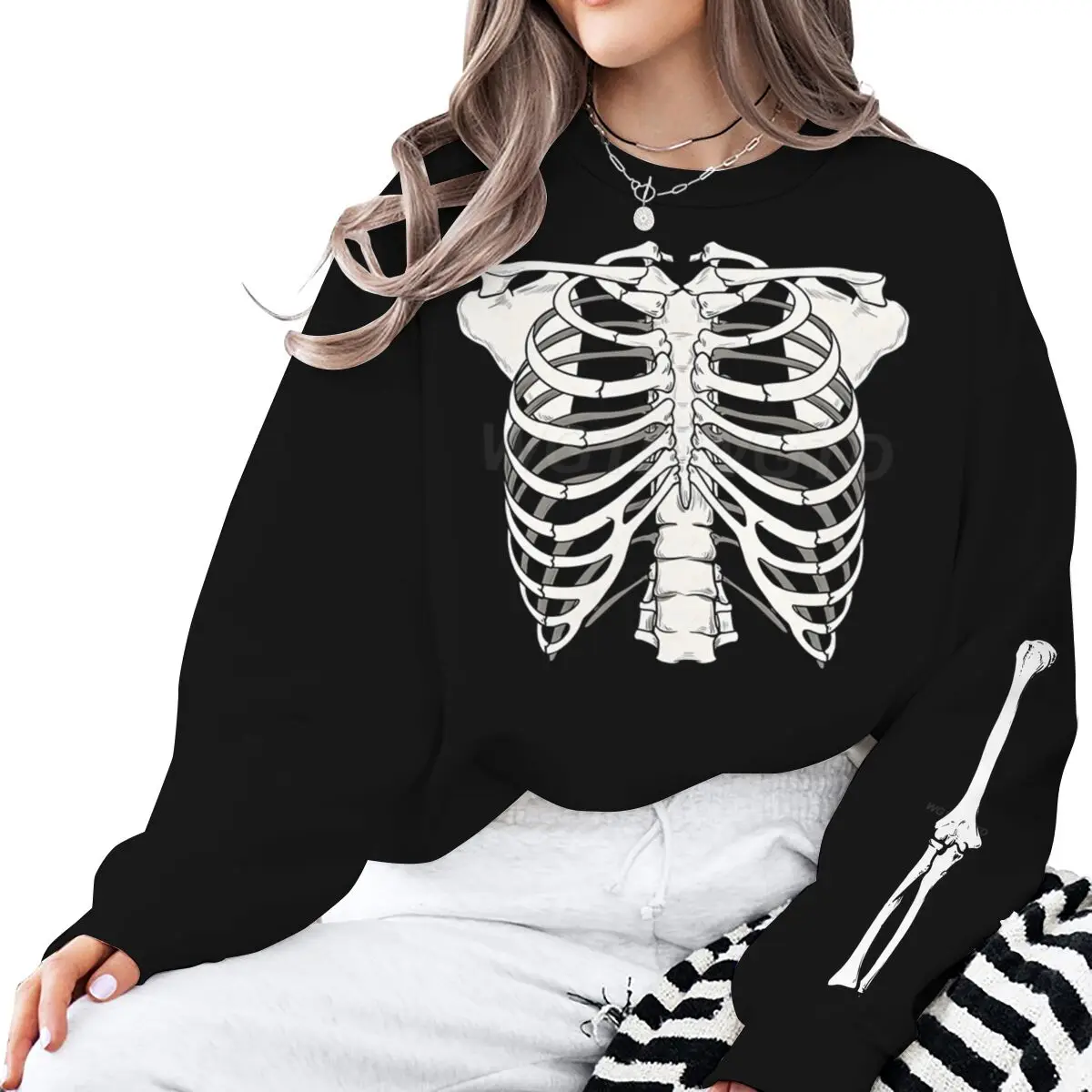 Halloween Skeleton Rib Print Sweatshirt Women Men Vintage Skull Crew Neck Long Sleeve Pullover Classic Halloween Sweatshirts