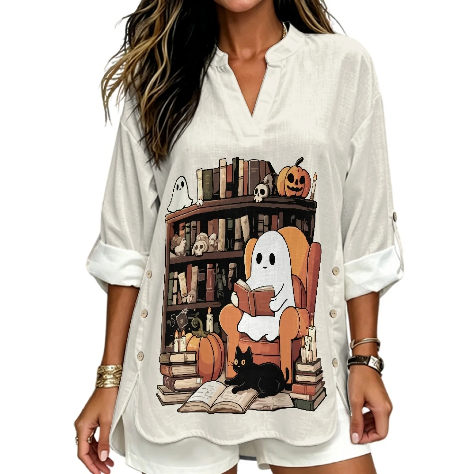 INSTANTARTS Women's Linen V-Neck Shirt Short Woman plus size clothing Sleeve T-shirts Women Poleras Blusas Autumn Solid Color