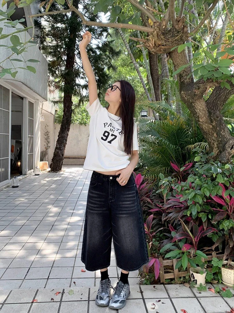 High Waist Black Retro Washed Denim Shorts Women's Harajuku Vintage Fashion Casual Loose Y2K Streetwear Mid Long Wide Leg Pants - Image 6