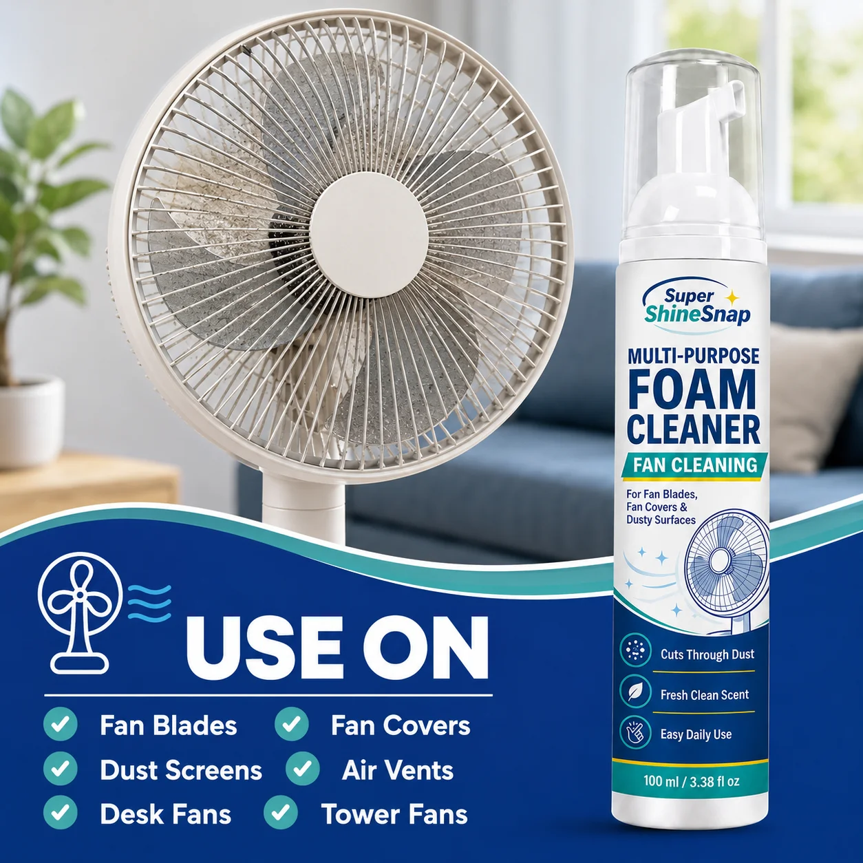 Fan Foam Cleaner, Multi-Purpose Fan Cleaning Foam for Fan Blades, Fan Covers, Fan Grilles, Air Vents and Dusty Surfaces, Fresh Scent, Easy Daily Use