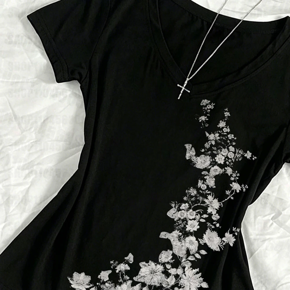 Women American Vintage Flower Print T-shirt Summer Grunge Retro Slim Fit Tees Y2K Harajuku Grunge Short Sleeve Hottie Tops New - Image 5