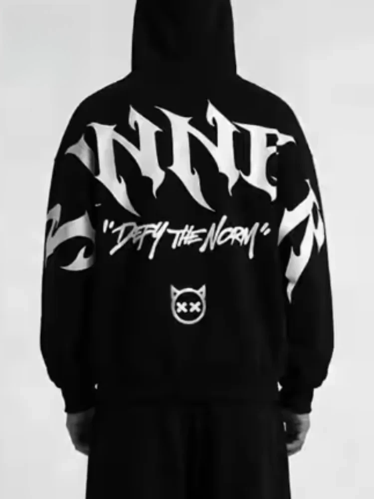 Mens Gothic Sinner Letter Print Reflective Hoodie Streetwear Unisex Hooded Sweatshirt Y2K Punk Hip Hop Loose Pullover Top New - Image 2