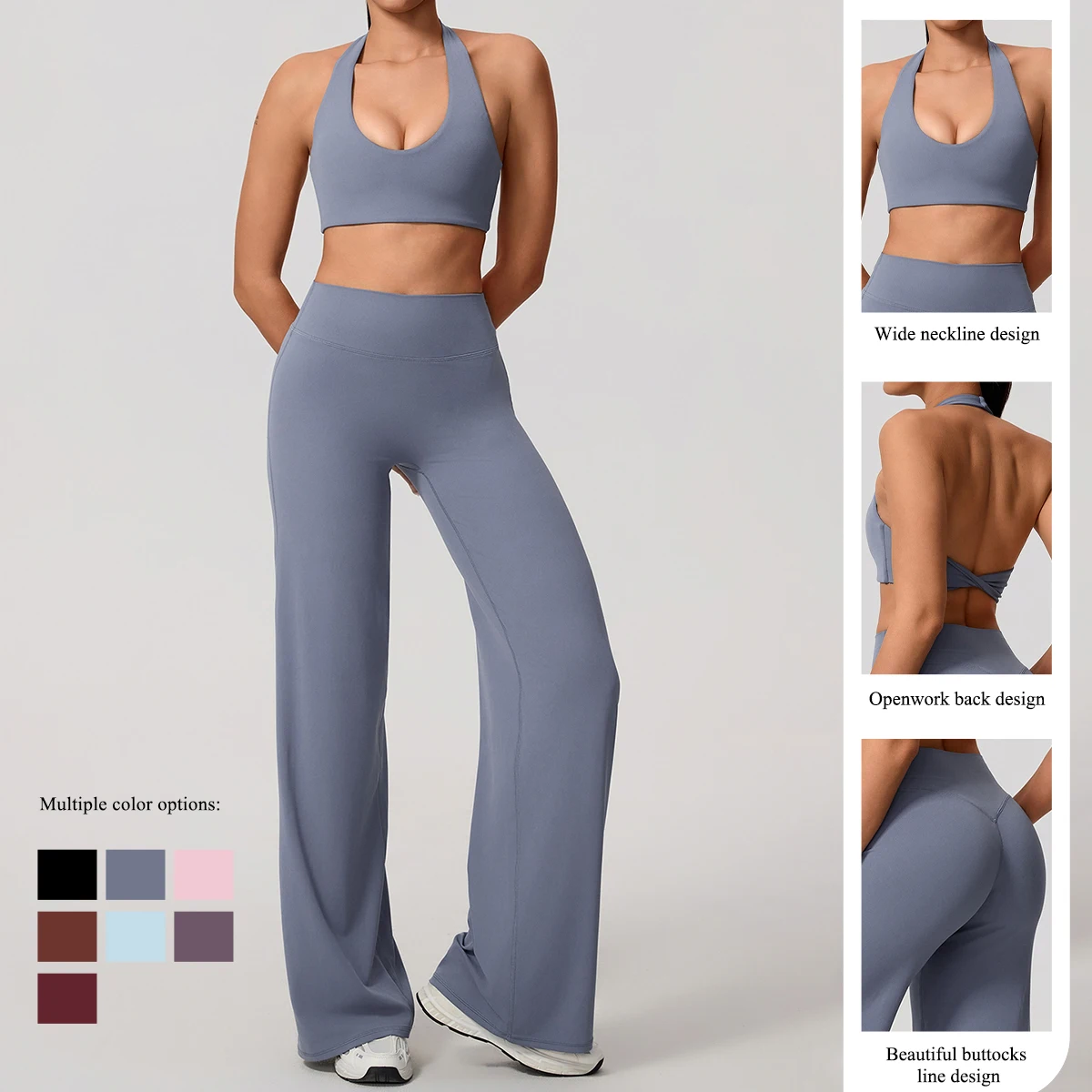 Summer 2Pcs Women's Quick-Dry Sports Set U-Neck Sports Bra Sleeveless Yoga Top Two-Piece Fitness Workout Set with Bell-Bottom - Image 2