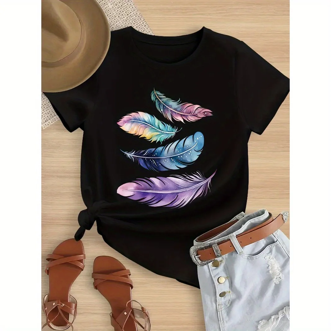 Watercolor Gradient Galaxy Colorful Feather Graphic Plus Size Women 100% Cotton Soft Loose Crew Neck Short Sleeve T-Shirt For Boho Western Spring Casual Daily Tops - Image 3