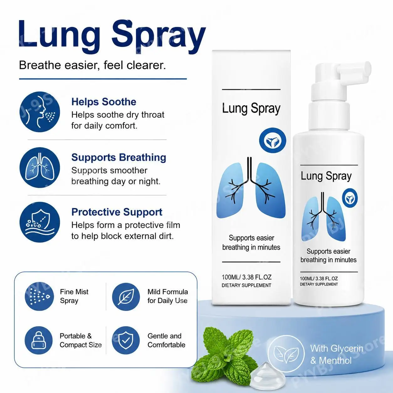 Lung Spray for Smoother Breathing with Mist, Mullein Leaf Extract, Astragalus Extract and Licorice Root Extract, 100 ML