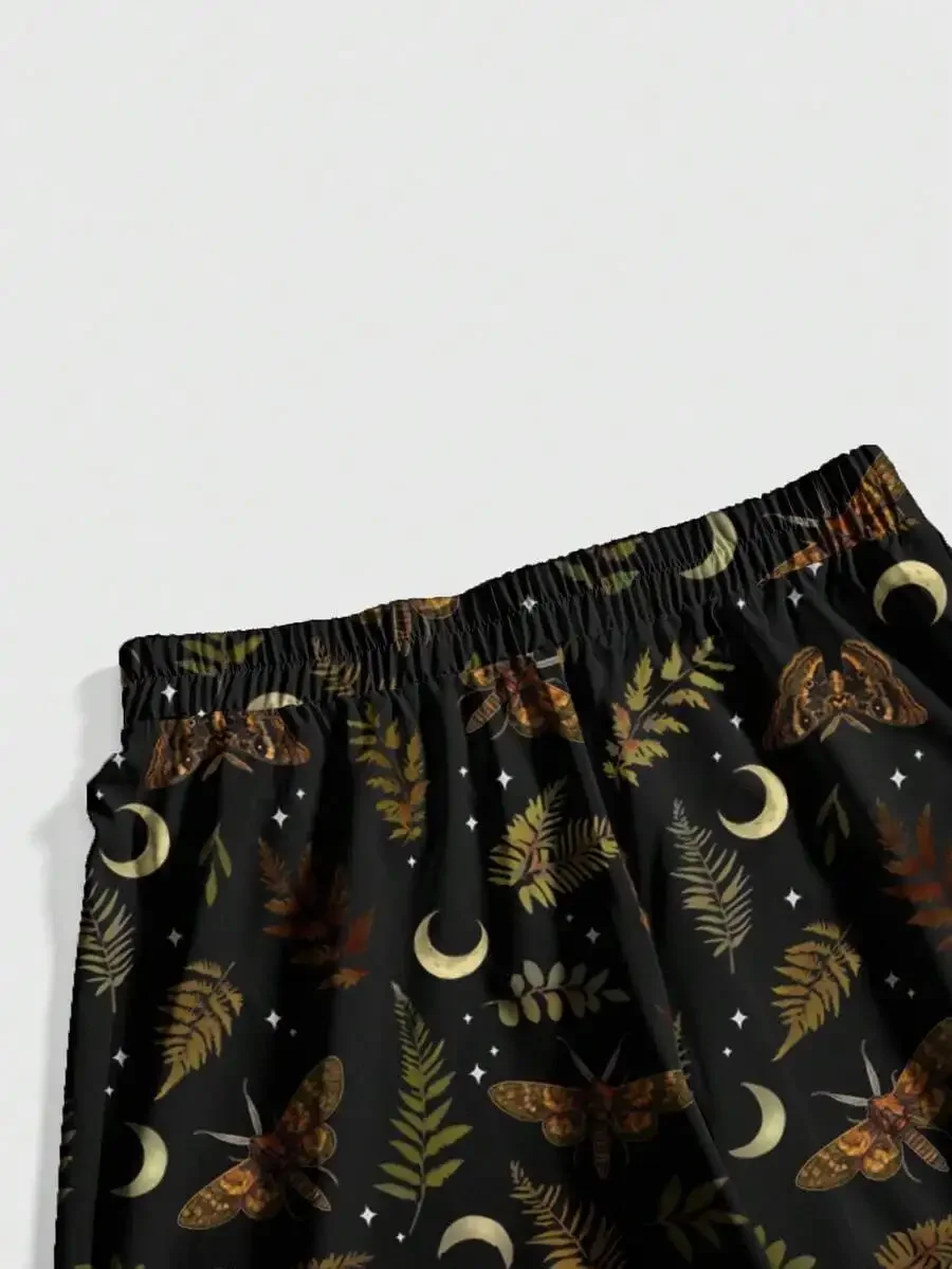 ROMWE Spring Vacation Graphic Black Gothic Romantic Dark Moth & Plant Print Plus Size Wide Leg Loose Pants