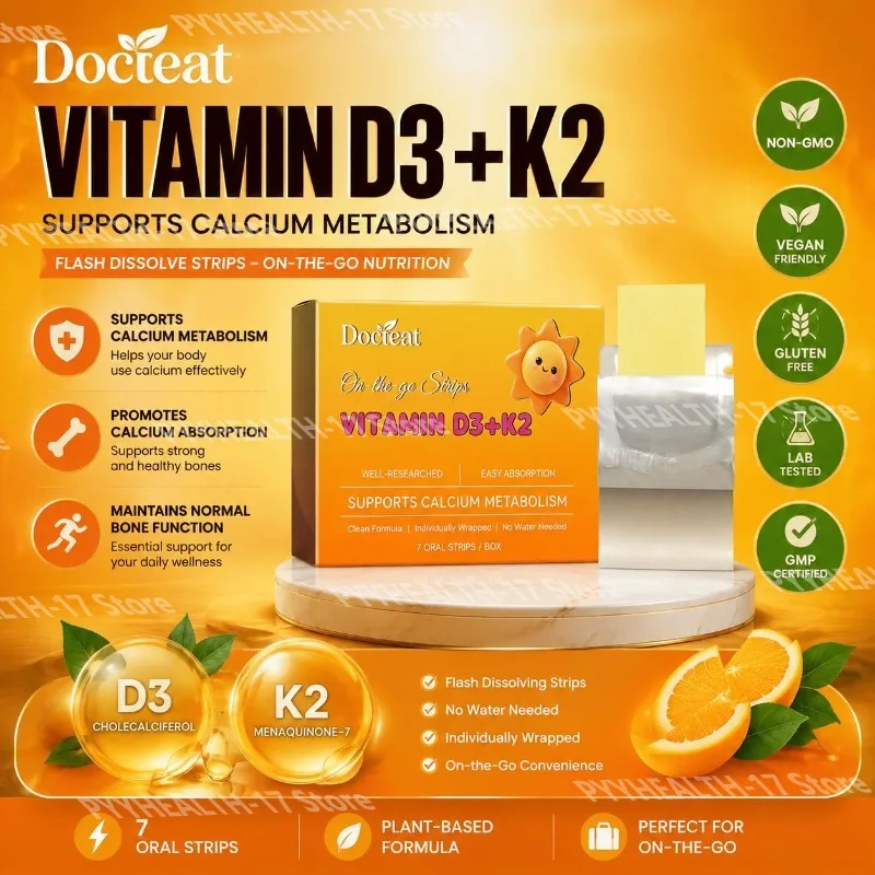 Docteat Vitamin D3+K2 Oral Strips Supports Calcium Metabolism and Normal Bone Function for Men Women 7 Strips