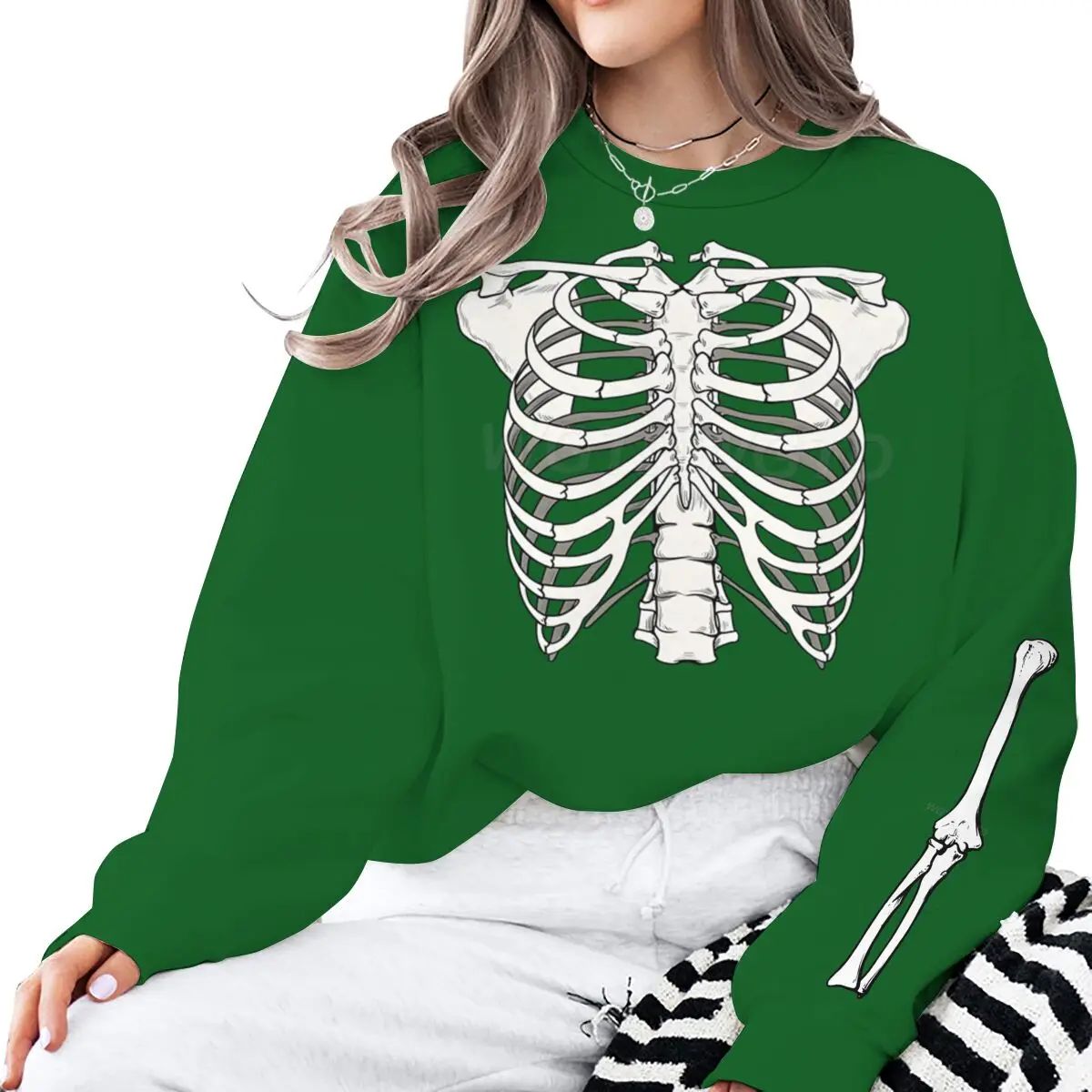 Halloween Skeleton Rib Print Sweatshirt Women Men Vintage Skull Crew Neck Long Sleeve Pullover Classic Halloween Sweatshirts - Image 3