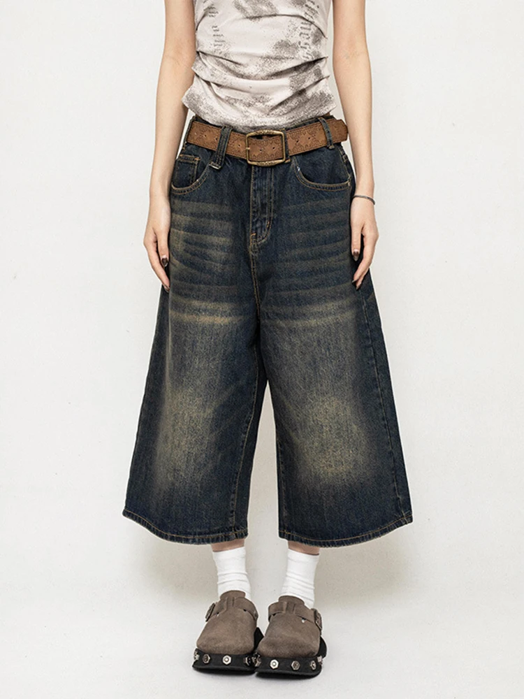 High Waist Black Retro Washed Denim Shorts Women's Harajuku Vintage Fashion Casual Loose Y2K Streetwear Mid Long Wide Leg Pants - Image 5