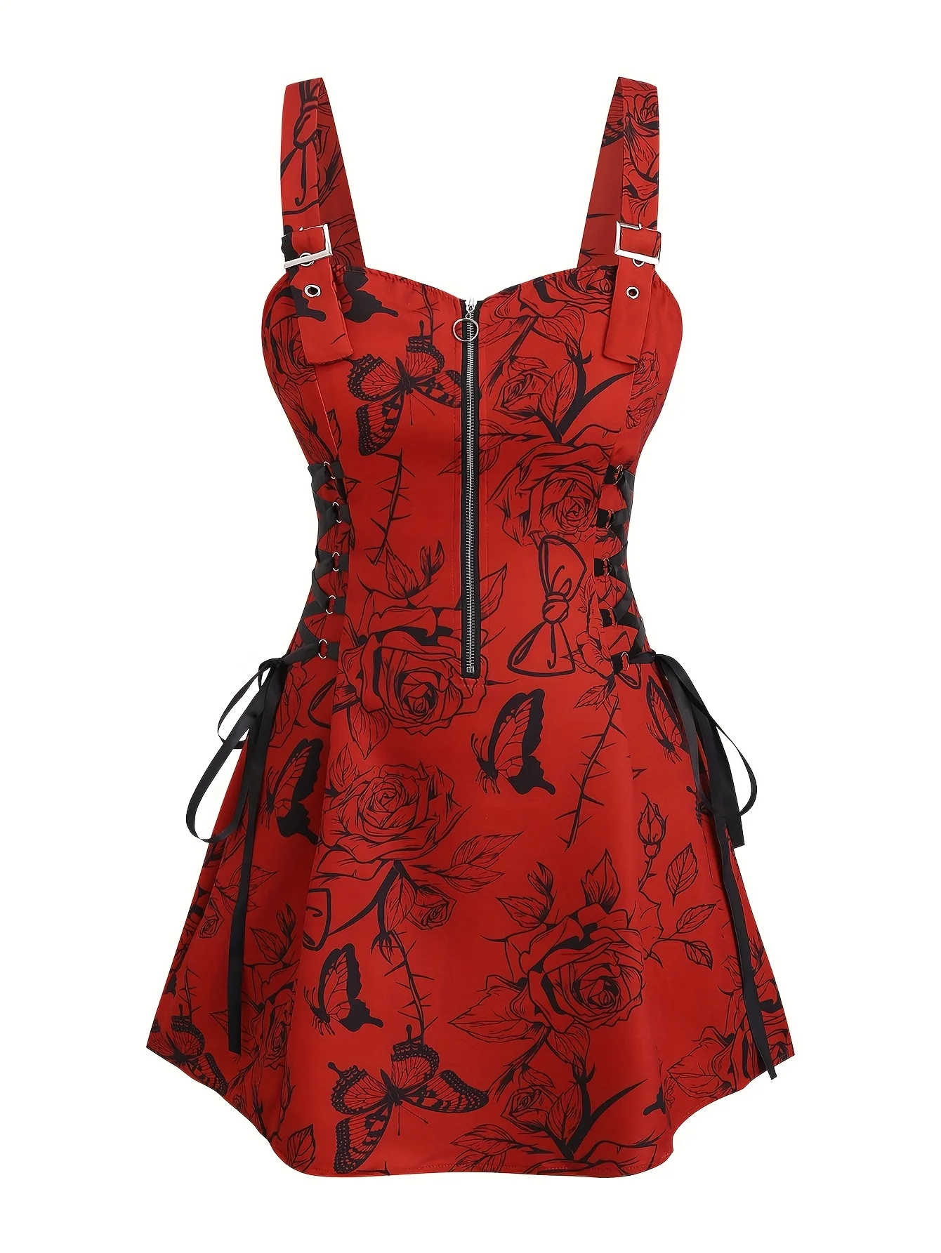 Gothic Print Sleeveless Plus Size Dress with Corset Lace Back and Zipper Front for Party and Club Wear