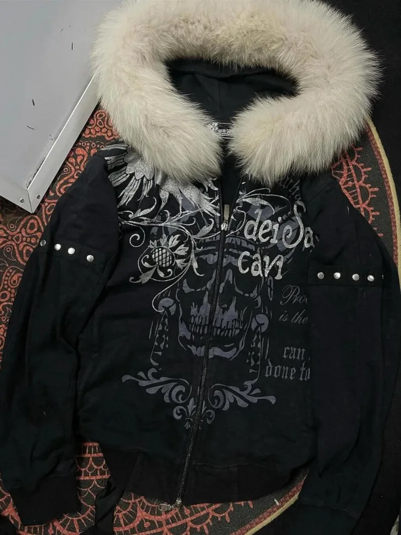 American Subculture Vintage Spice Girl Skeleton Black Mao Mao Hooded Printed Sweater Female Y2K Gothic Harajuku Plus Velvet Coat - Image 2