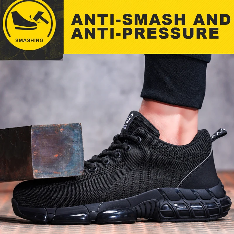 Men Safety Shoes Work Boots, Summer Solid Color Lightweight Breathable Steel Toe Anti-Smash Indestructible Tactical Work Sneakers - Image 2