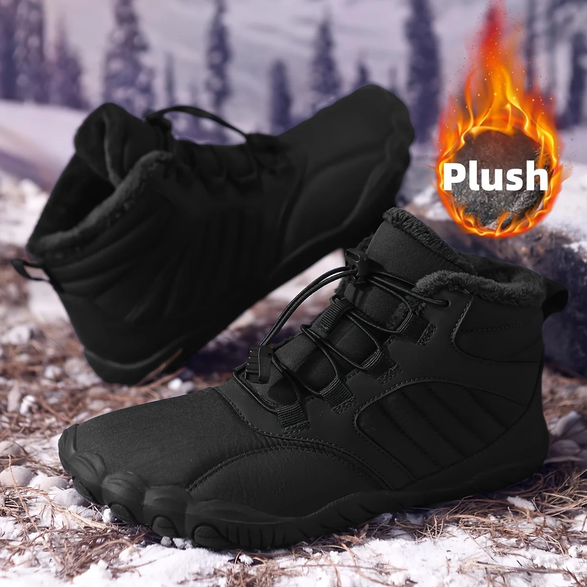 Unisex Winter Fleece Lined Barefoot Snow Boots Five Toe Wide Toe Box Quick Lock Laces Non Slip Warm Outdoor Hiking Trekking Minimalist Cold Weather Walking Casual Footwear