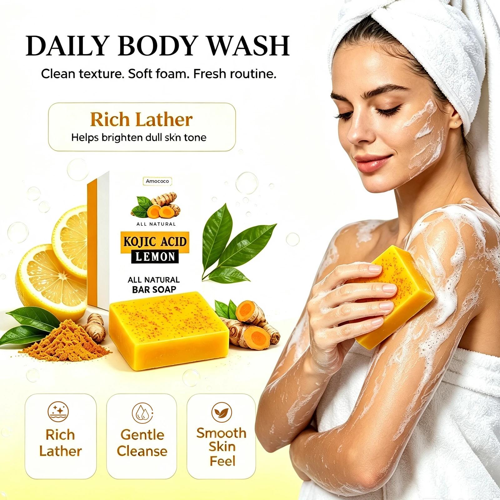 Amococo Turmeric Kojic Acid Soap 100g Deep Cleansing Bar Soap for Face and Hands Natural Skin Care Body Cleanser Daily Bath Soap - Image 7