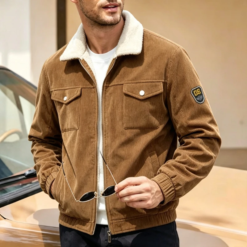 Men's Corduroy Turn Down Collar Fleece Lined Thick Cotton Jacket Autumn Winter Work Coat with Big Pockets Workwear Jackets Man