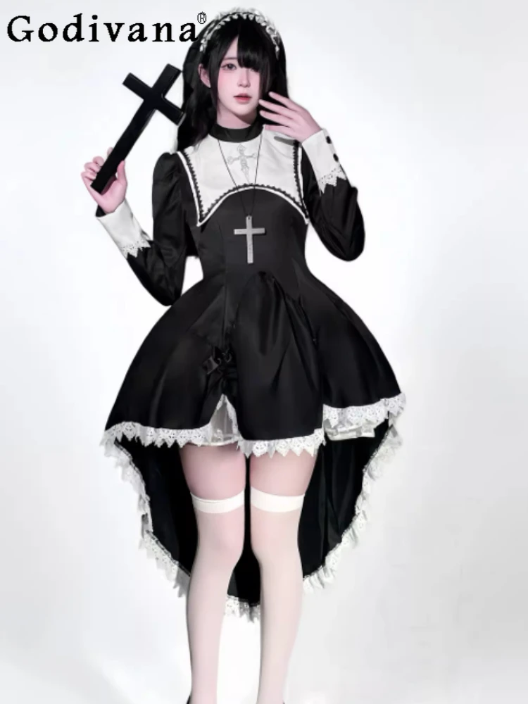 Plus Size Temperament Japanese Gothic Punk Subculture Dark COS Dress Fashion High Waist A-line Halloween Nun Irregular Dresses