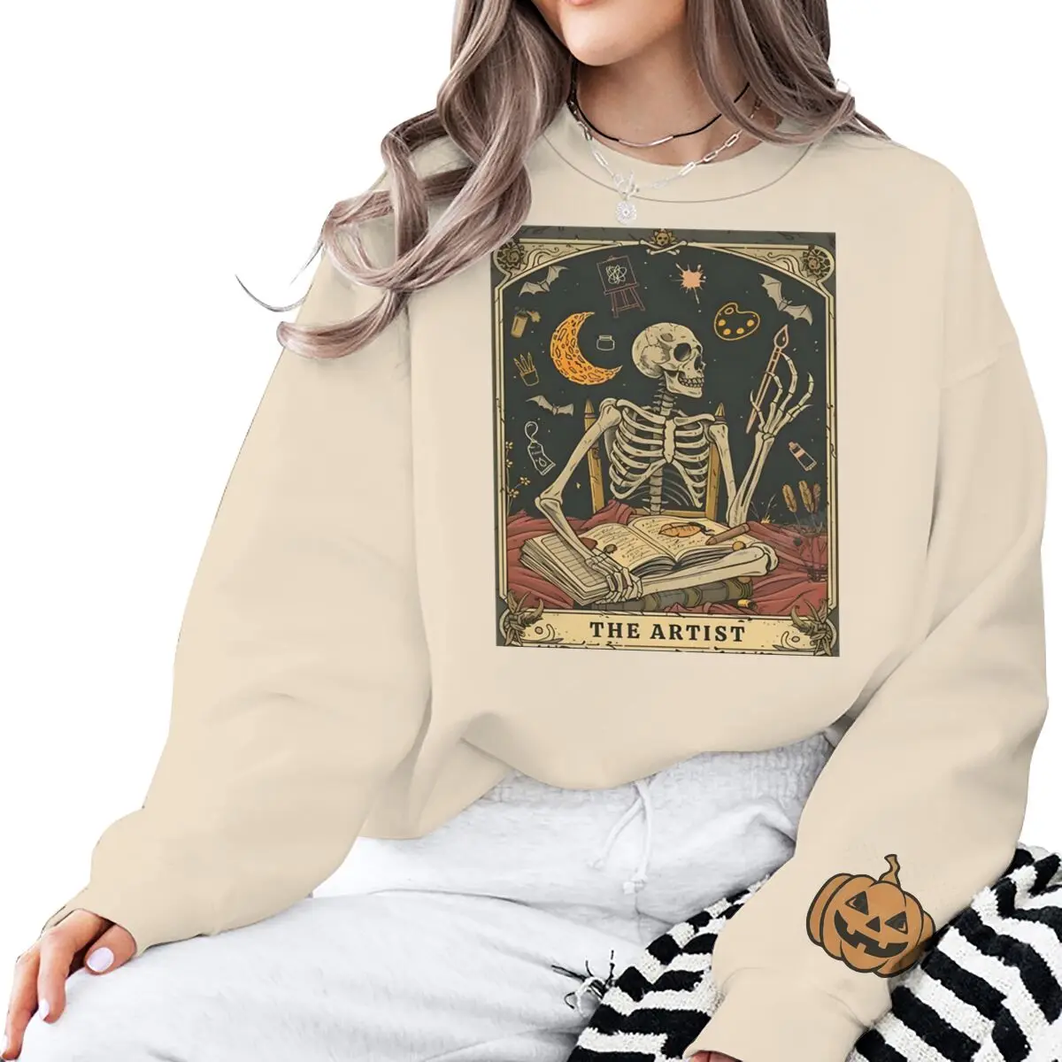Halloween Skeleton Lovers Card Print Sweatshirt Women's Crew Neck Spooky Season Tops Long Sleeve Vintage Halloween Sweatshirts - Image 5