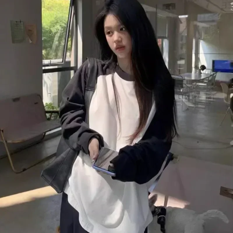 Casual Oversized T Shirt Y2k Tops Harajuku Long Sleeve O-Neck T-Shirts Spring Autumn Black White Patchwork Tees Women Streetwear - Image 4