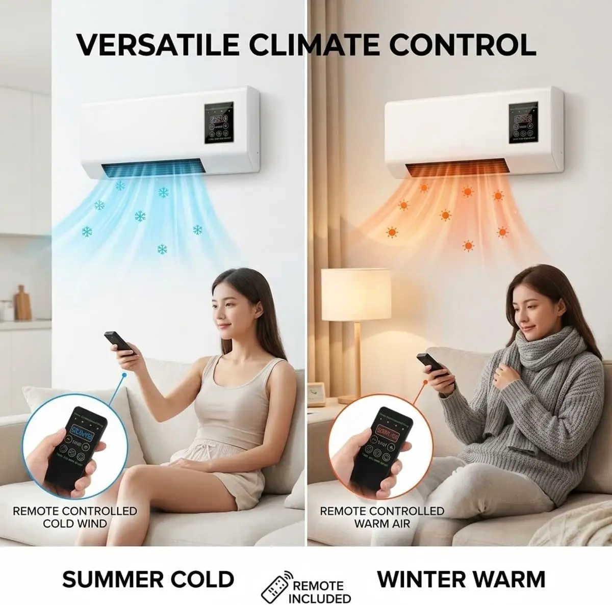 Wall Mounted Air Conditioner Fan, 2-in-1 Heater and Cooling Combo, 1800W PTC Space Heater Combo Unit with Remote 8H Timer, Quiet Ductless Smart Airflow for Bathroom Office(White) - Image 5