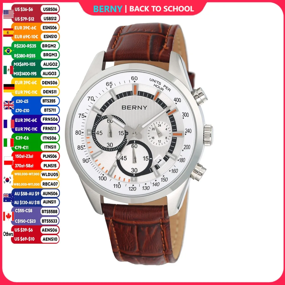BERNY Men's Watch Watches Multifunction Chronograph Quartz Watch Calendar Date Luminous Fashion Cool Man Sports Wristwatch