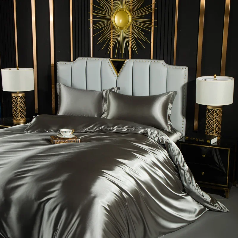 Solid Silk Bedding Set with Duvet Cover Fitted/Flat Bed Sheet Pillowcase Luxury Couple Bedsheet King Queen Double Twin Size - Image 5