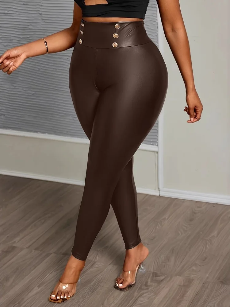 Wmstar Big Size Pants Women Wholesale Button Up Slim Fitting Figure Hugging Solid Color Stretch PU Leather Bottom Plus Size 2026 - Image 4