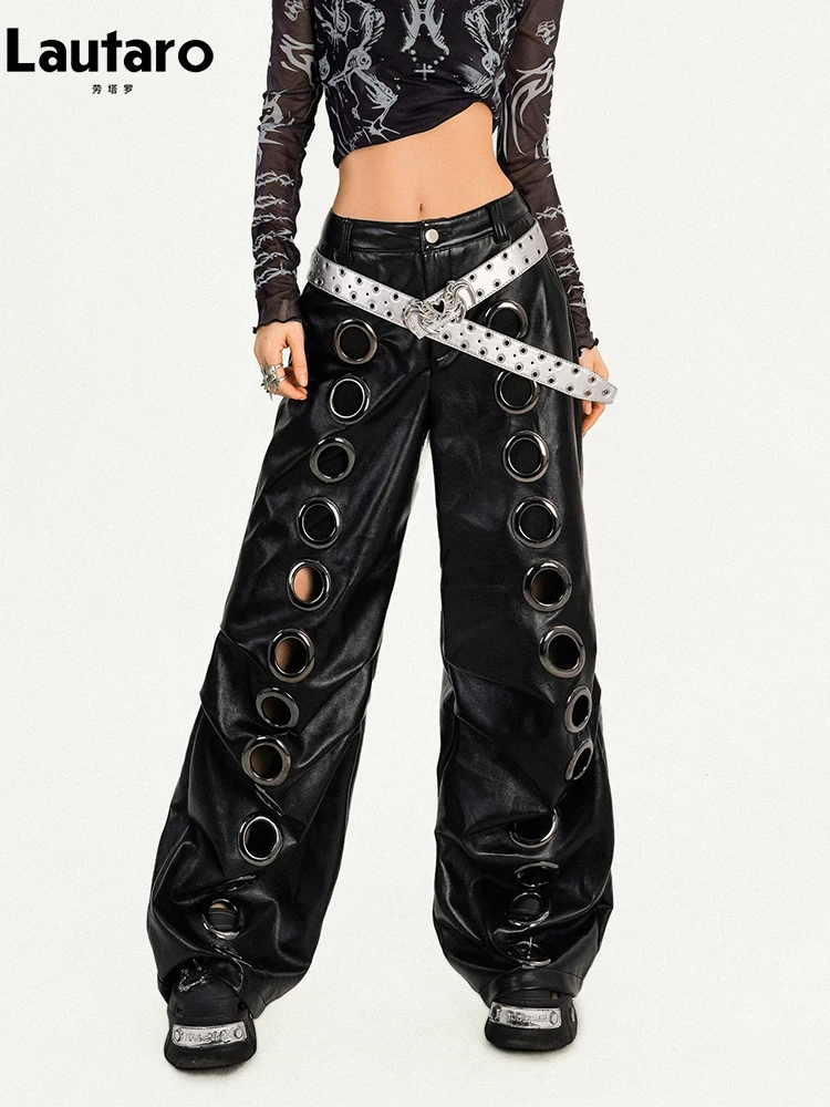 Lautaro Spring Cool Long Black Baggy Pu Leather Wide Leg Pants for Women with Many Holes Luxury Designer Emo Punk Clothes 2026 - Image 2
