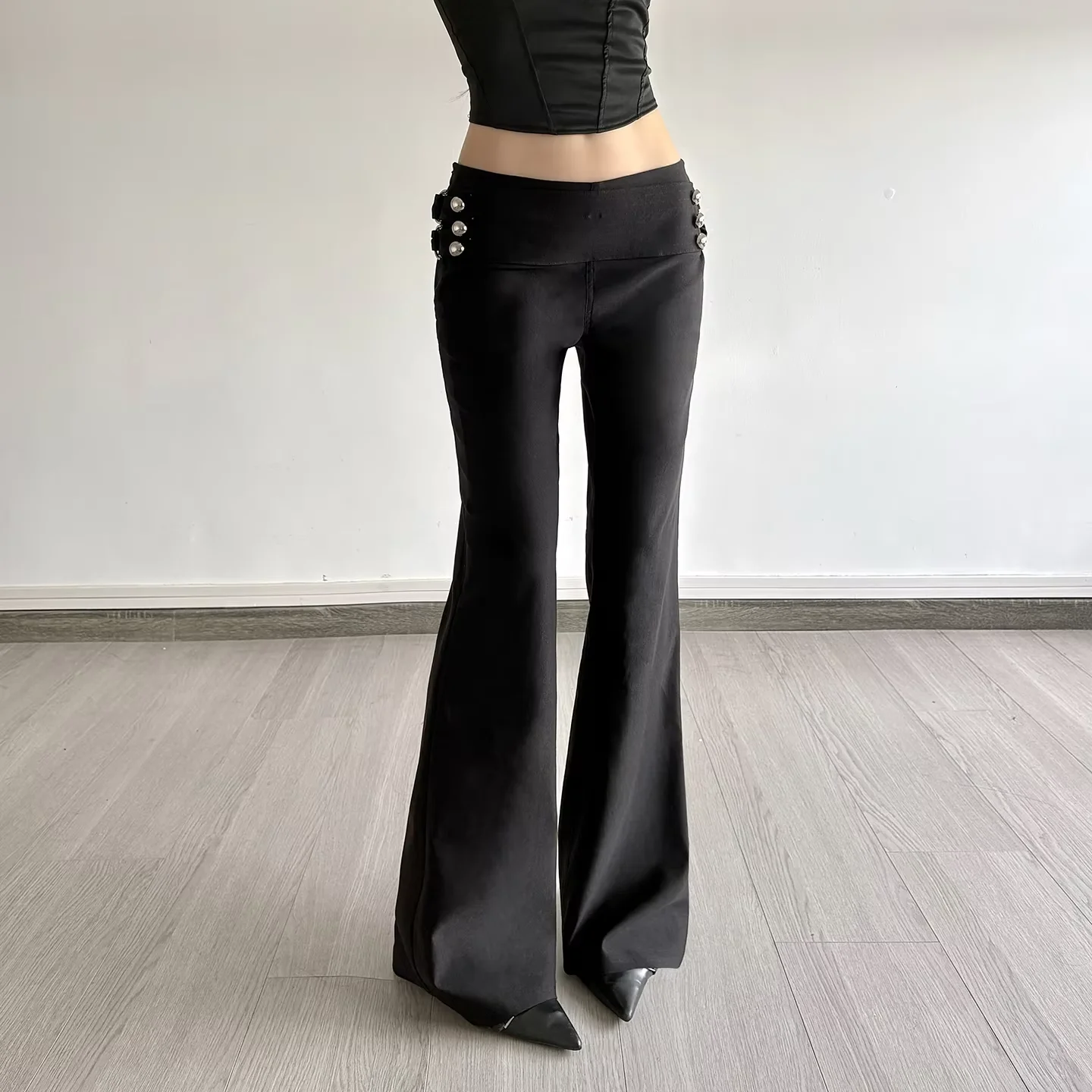 Y2K Black Micro Flare Pants Women Low Waist Slim Button Detailed Side Zipper Fashion Gothic Trendy Casual Pants