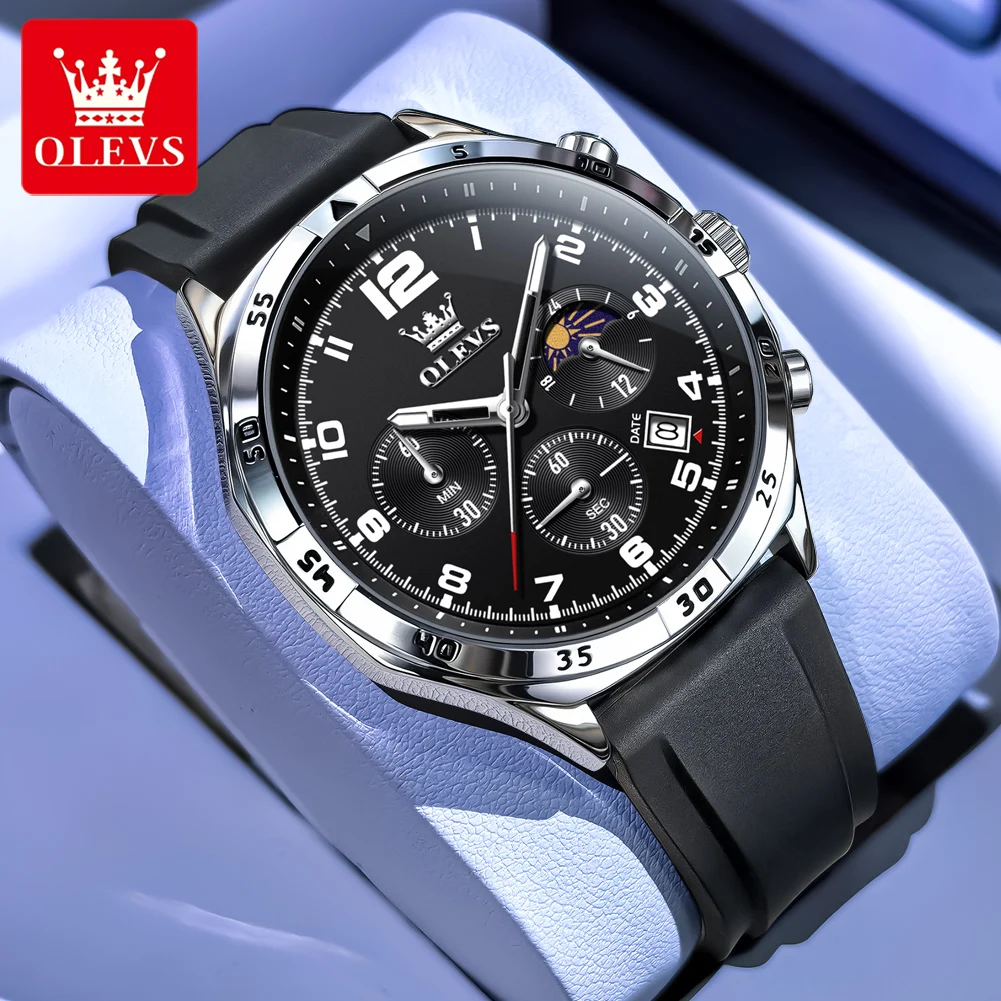 OLEVS 2986 Mens Watch 42MM Moon Phase Date Quartz Watches For Men Number Scale Waterproof Silicone Strap Clock Original