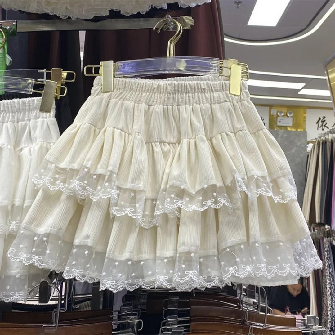 Japanese Y2k Cute Ruffled Plaid Skirt Subculture White Lace Cake Skirts Preppy Casual New Women Princess Puffy Skirts Mini Skirt
