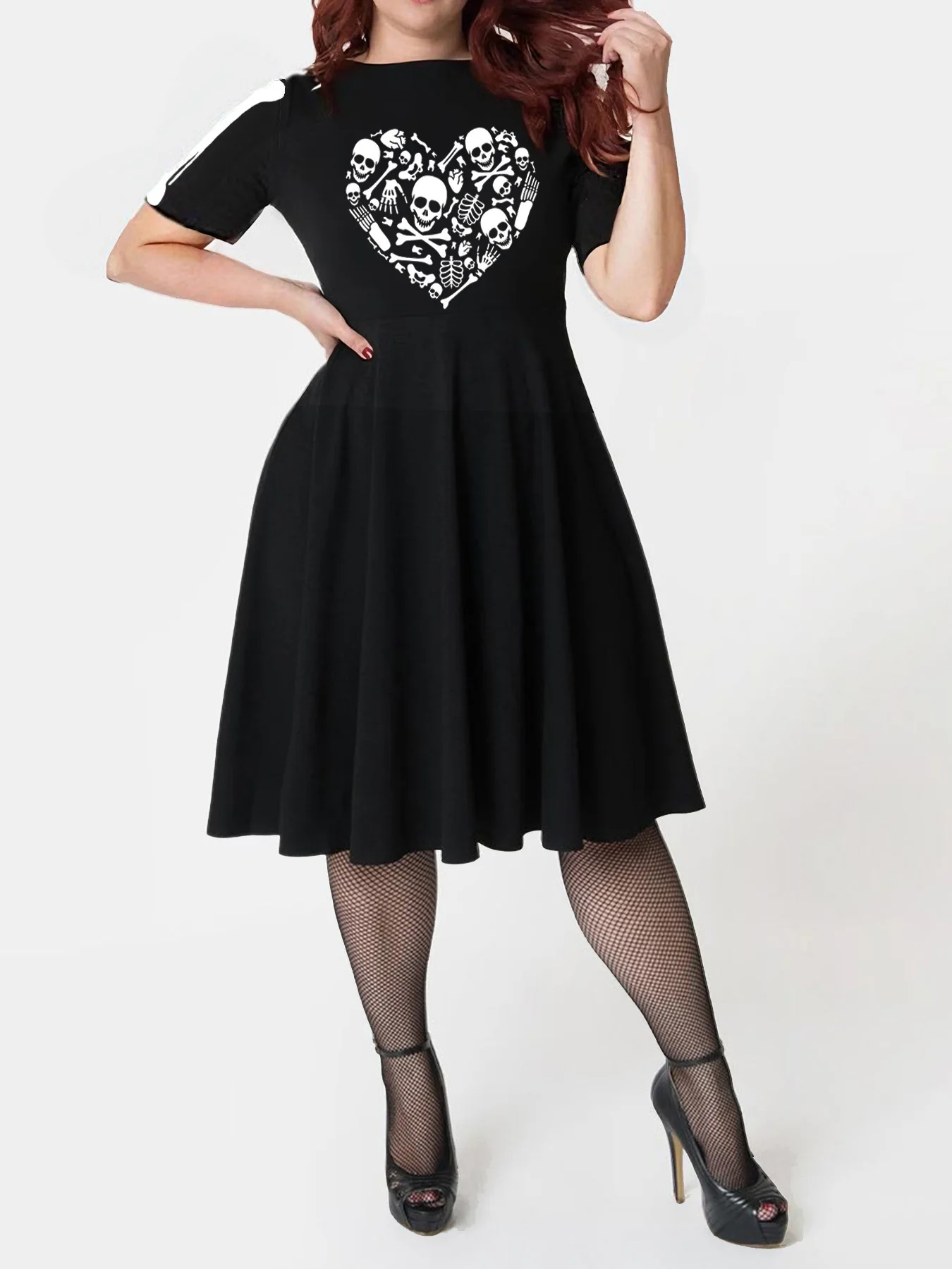 Plus Size Gothic Wing Bone Print Short Sleeve A Line Midi Swing Dress