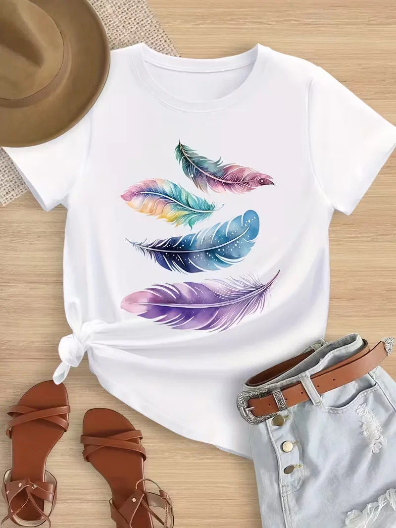 Watercolor Gradient Galaxy Colorful Feather Graphic Plus Size Women 100% Cotton Soft Loose Crew Neck Short Sleeve T-Shirt For Boho Western Spring Casual Daily Tops