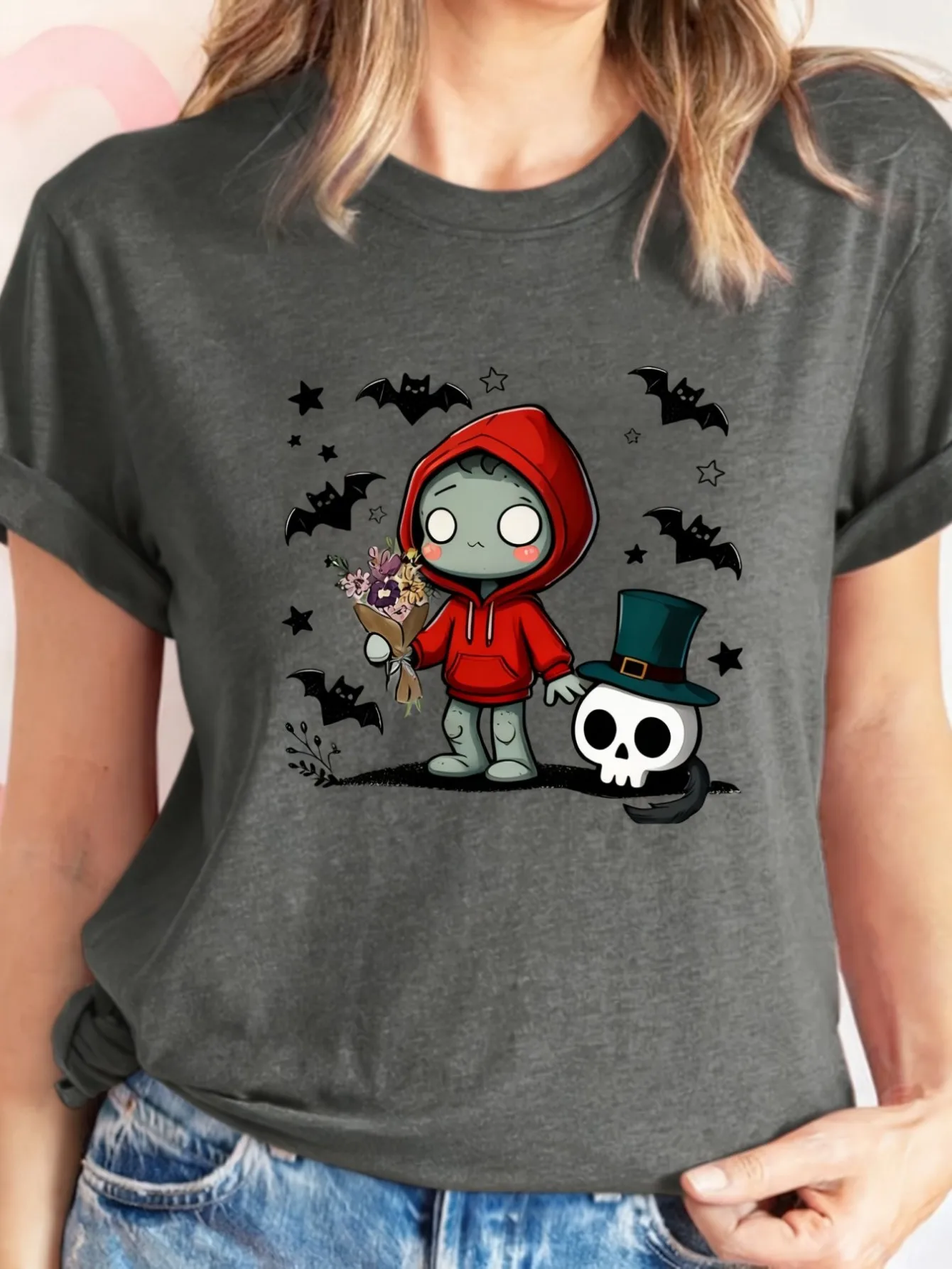 Plus size women's short sleeve T-shirt Zombie In Red Hood With Skull Comfortable soft fabric summer outfit women's clothing