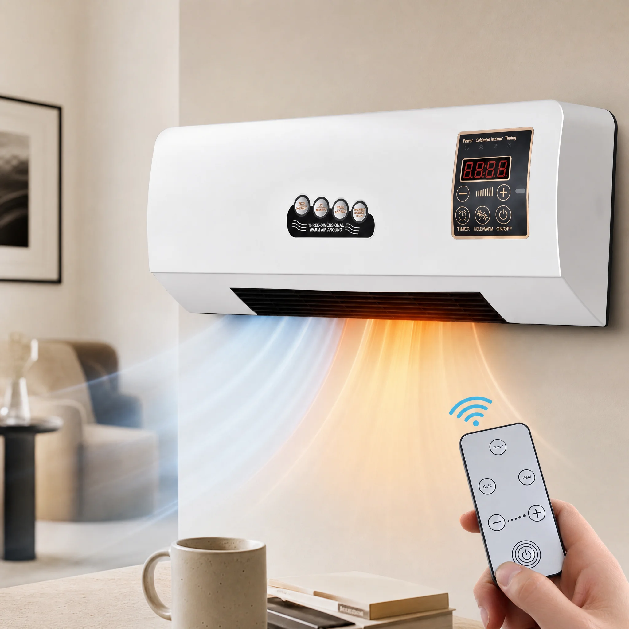 Wall Mounted Air Conditioner Fan, 2-in-1 Heater and Cooling Combo, 1800W PTC Space Heater Combo Unit with Remote 8H Timer, Quiet Ductless Smart Airflow for Bathroom Office(White)