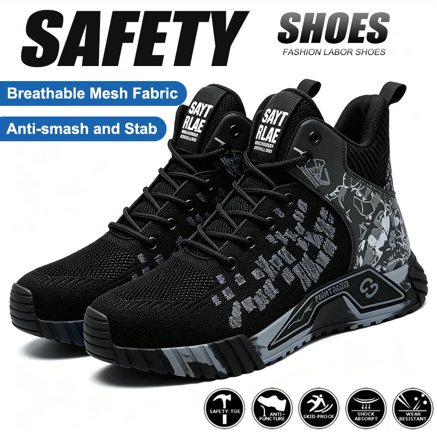 Breathable Camo Men Indestructible Steel Toe Construction Work Boots Anti-smash Stab-resistant Safety Shoes Biker Botas Para Hombre